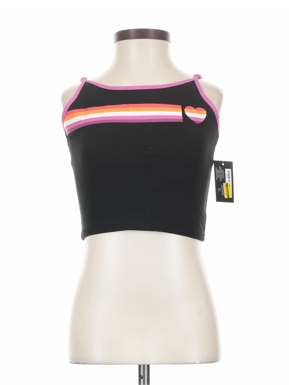 Black Cropped Tank with Pink-Orange Striped Heart